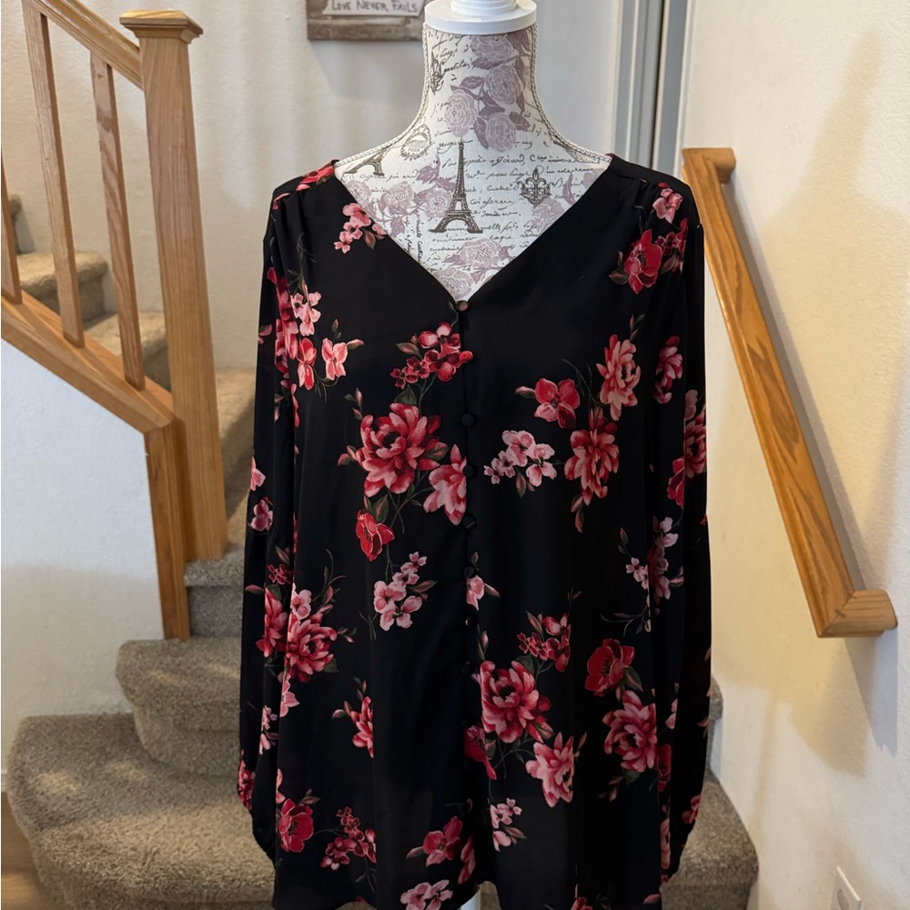 Lane Bryant Black Floral Relaxed Blouse